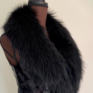 New Women's Leather Vest with Real Fox Fur Black Leather Vest